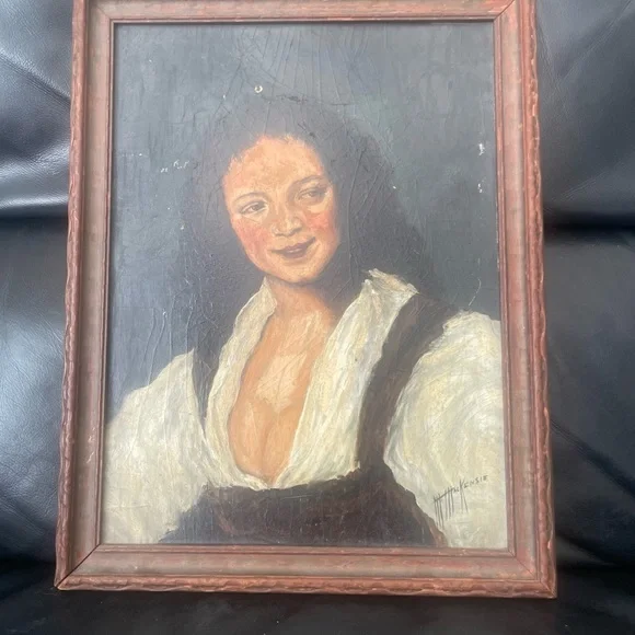 Reproduction Painting Portrait Gypsy Woman Bohemian Artist Signed VTG Framed